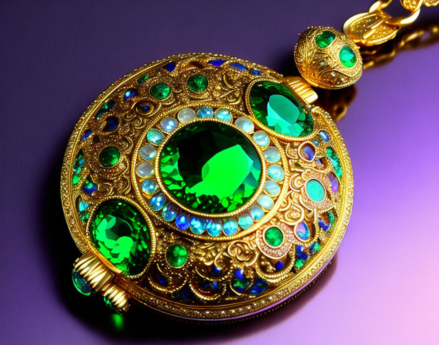 Intricate golden pendant with green gemstones on purple background