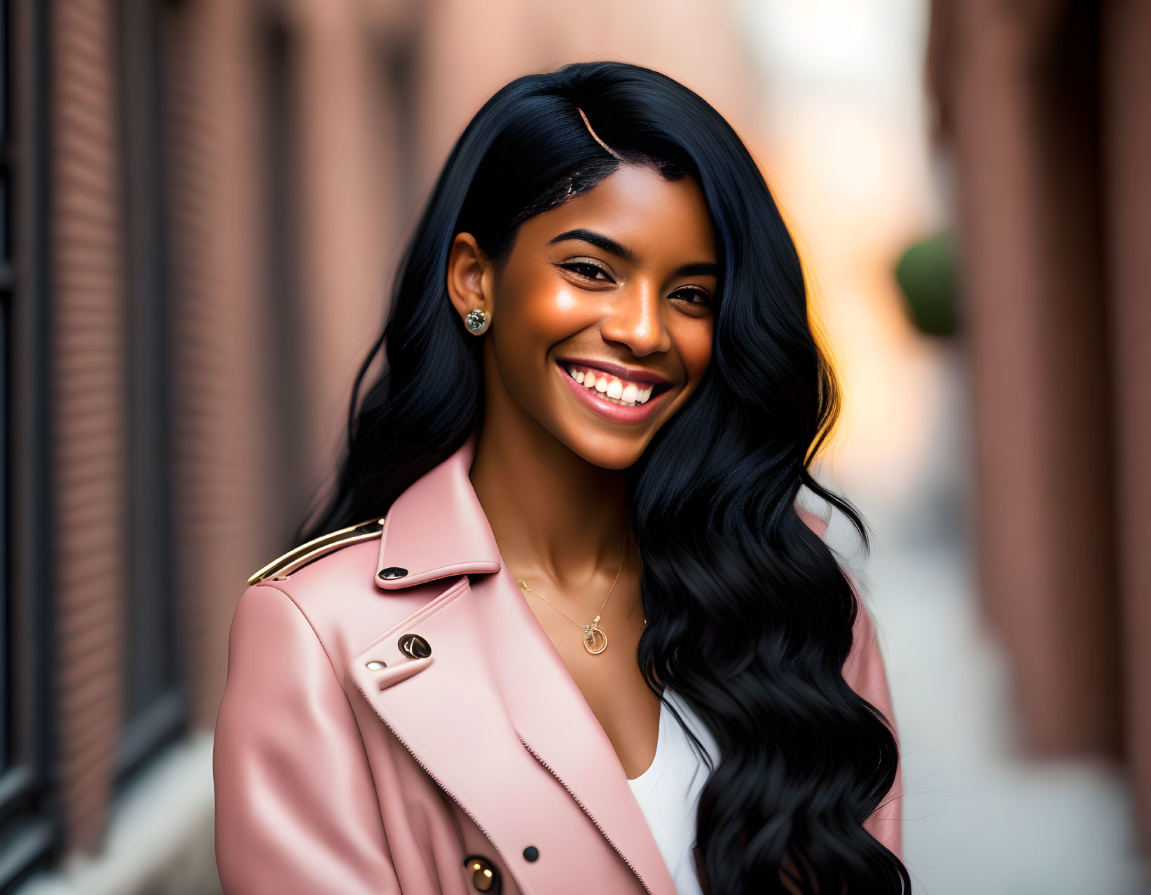 Smiling woman with long black hair in pink jacket on city street