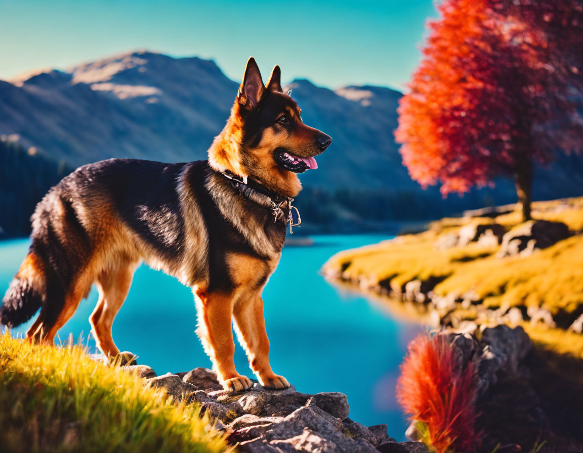 German Shepherd Dog Overlooks Tranquil Lake with Autumn Trees