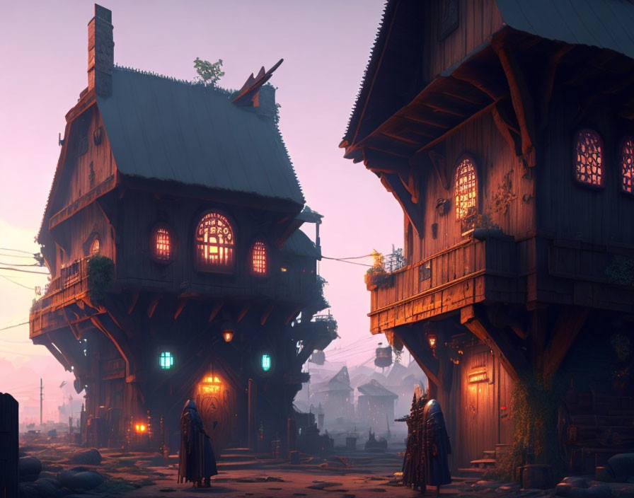 Fantasy village scene with glowing windows and two figures