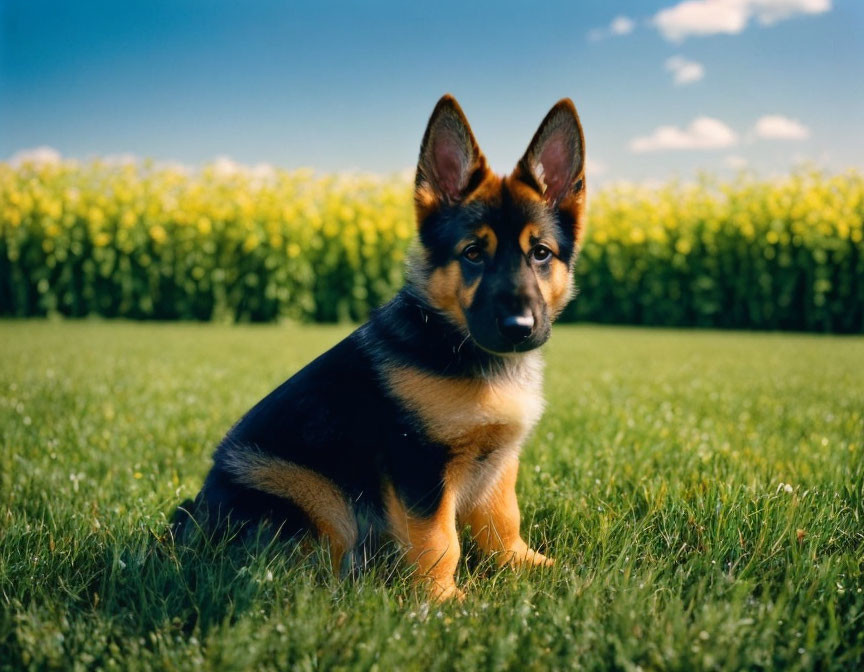 German Shepherd Puppy on Grass with Yellow Field and Blue Sky