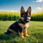 German Shepherd Puppy on Grass with Yellow Field and Blue Sky