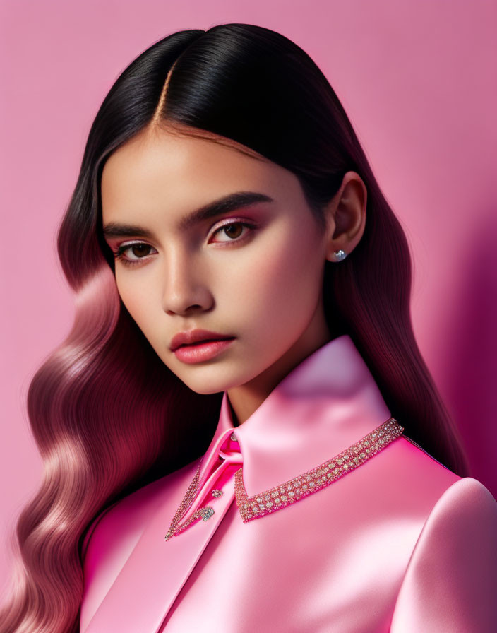 Woman with glossy wavy hair and makeup in pink top with jeweled collar on pink backdrop