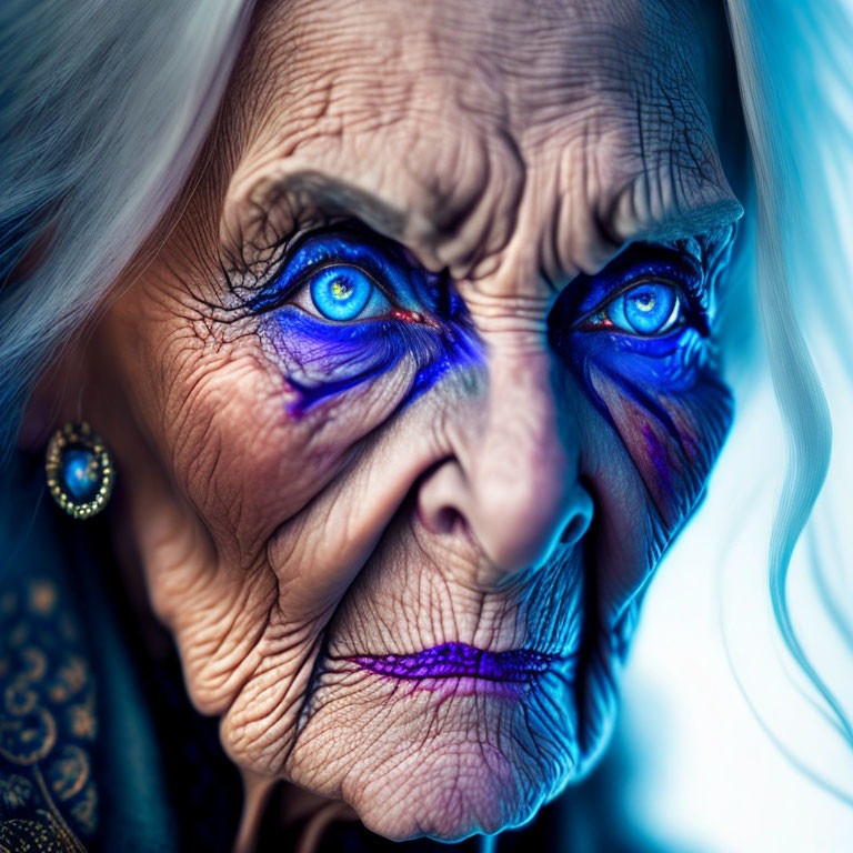 Elderly Woman with Striking Blue Eyes and Colorful Makeup