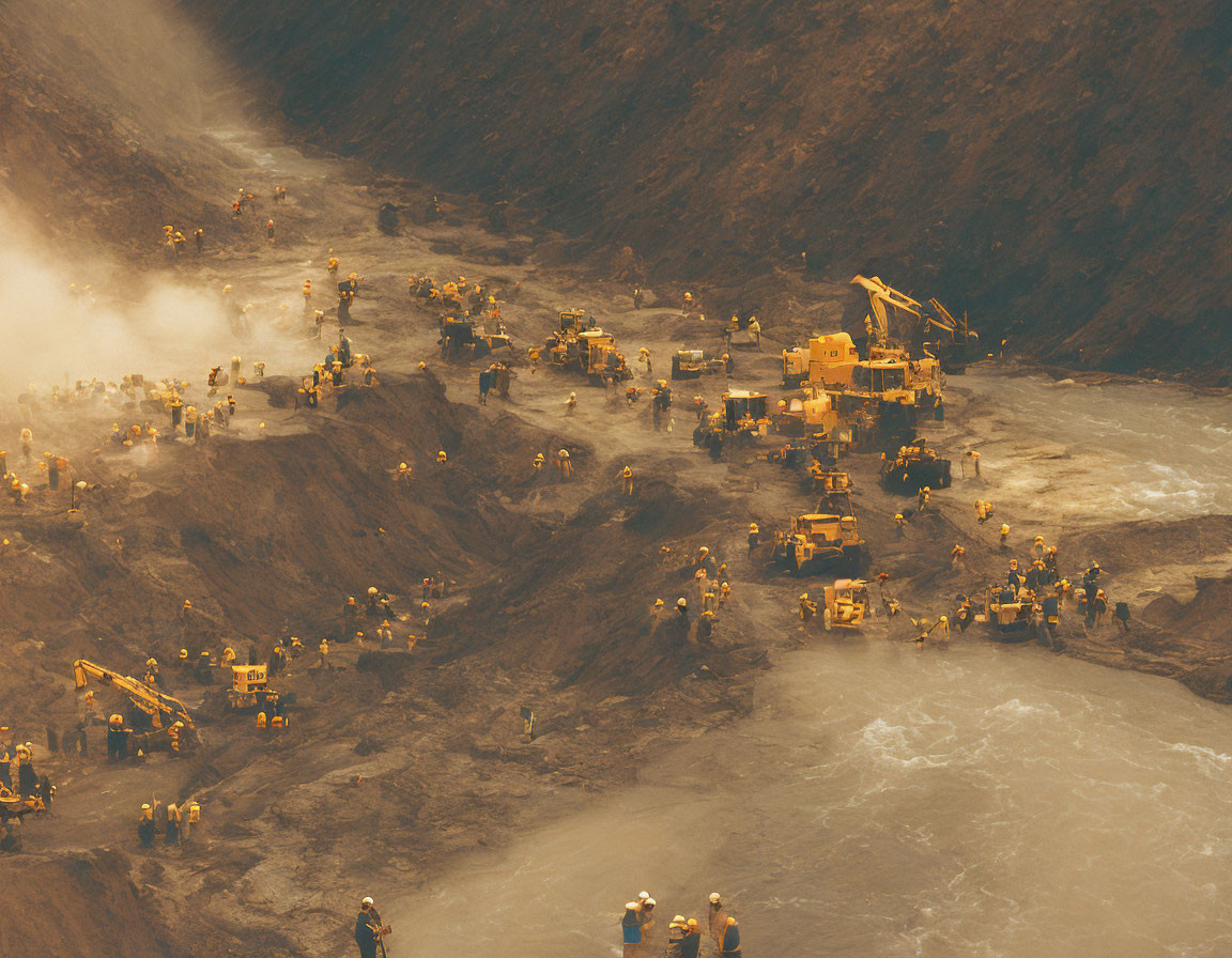 Busy Mining Site with Excavators, Workers, Earth Piles, and Water Body