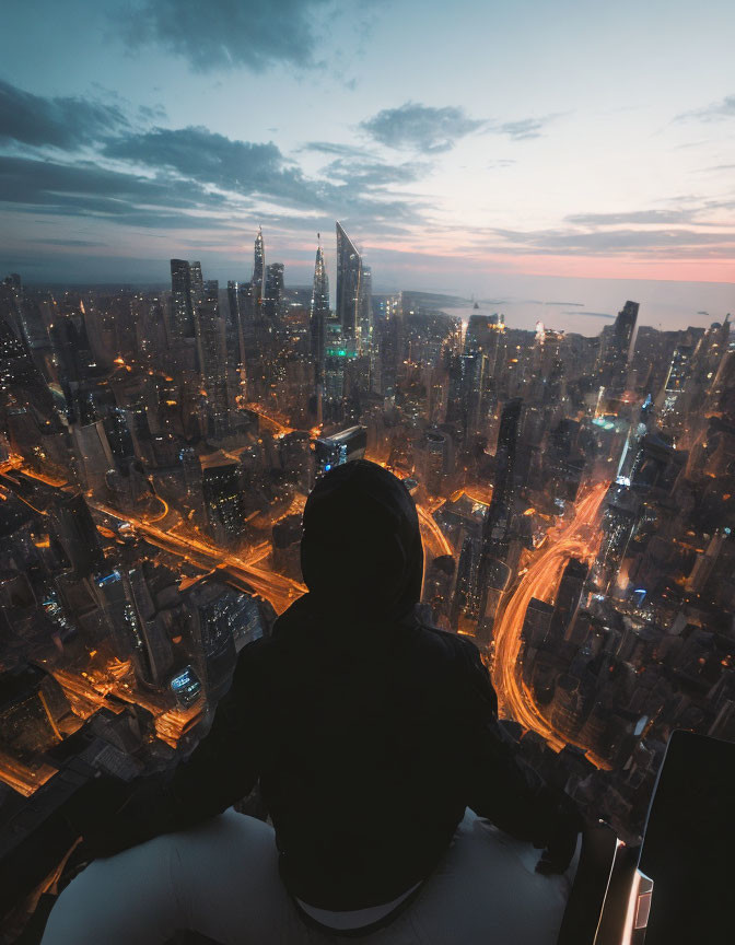 Person in black hoodie overlooking illuminated cityscape at dusk