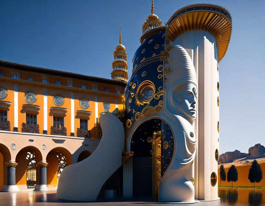 Surreal building with giant masquerade mask facade and golden embellishments