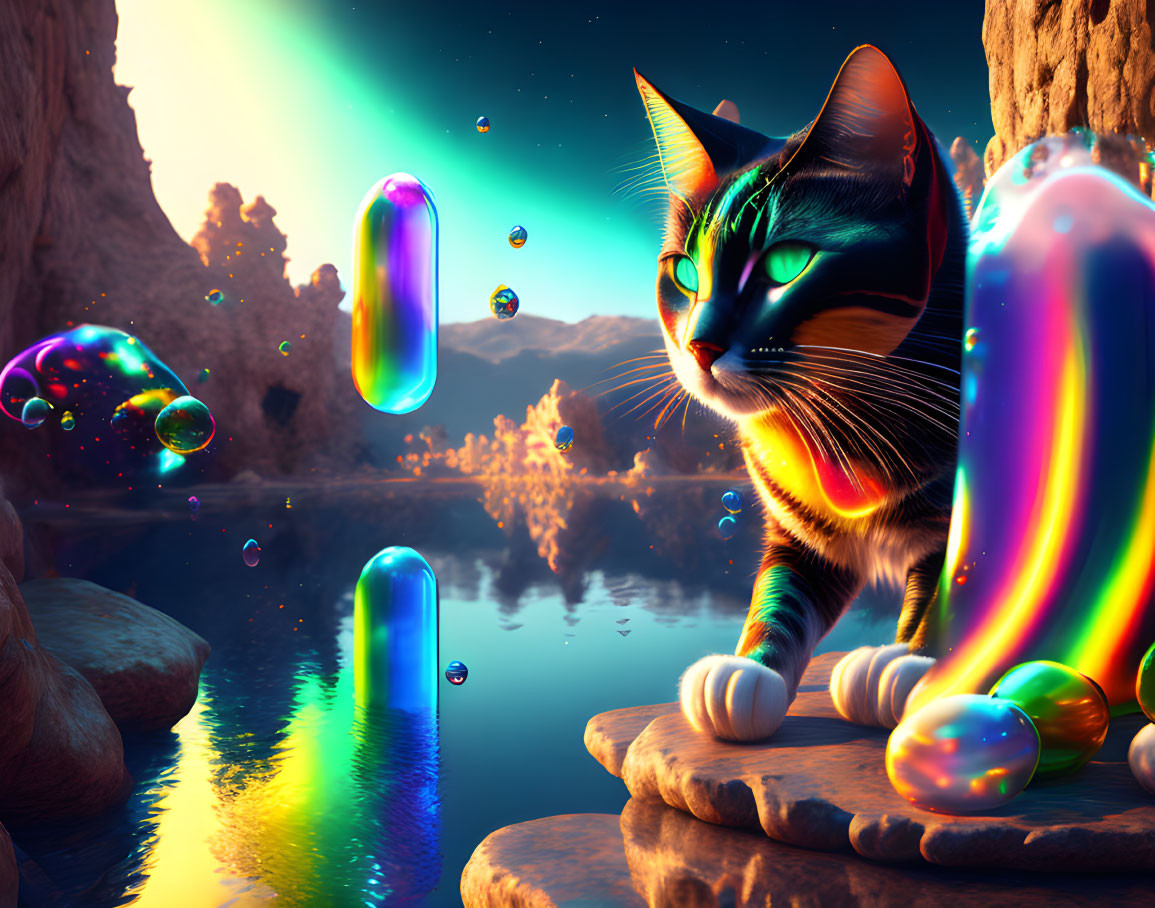 Colorful Cat on Rock with Aurora Skies and Iridescent Bubbles