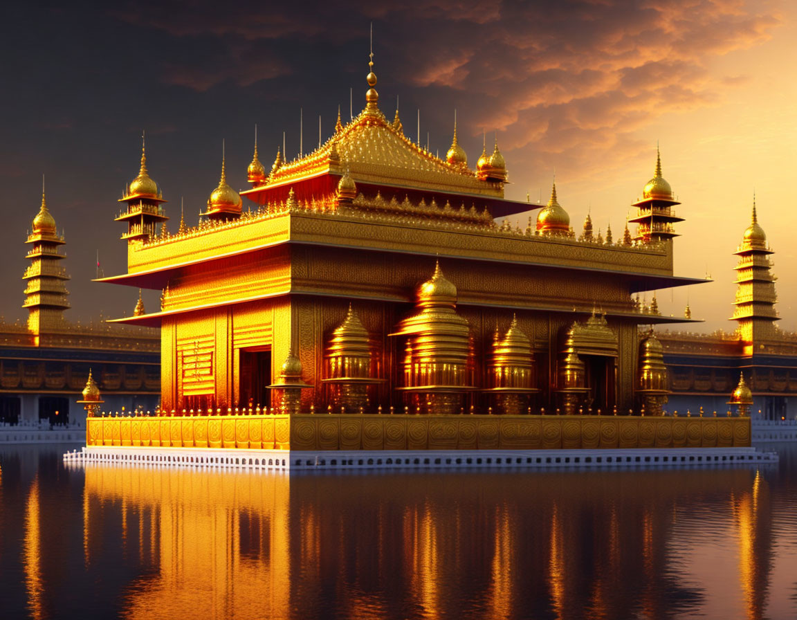 Traditional Golden Palace with Multiple Roofs Reflecting in Water at Dusk