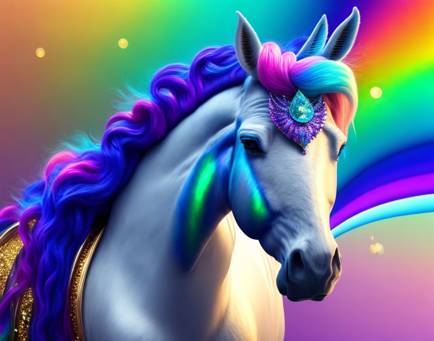 Colorful Unicorn Artwork with Purple Mane and Rainbow Background