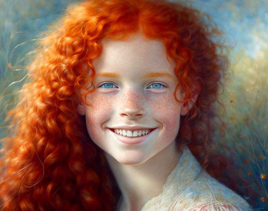 Smiling girl with red hair, freckles, and blue eyes on golden background