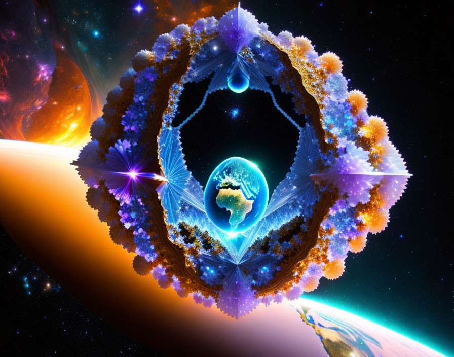 Intricate Earth-centered digital art with cosmic elements