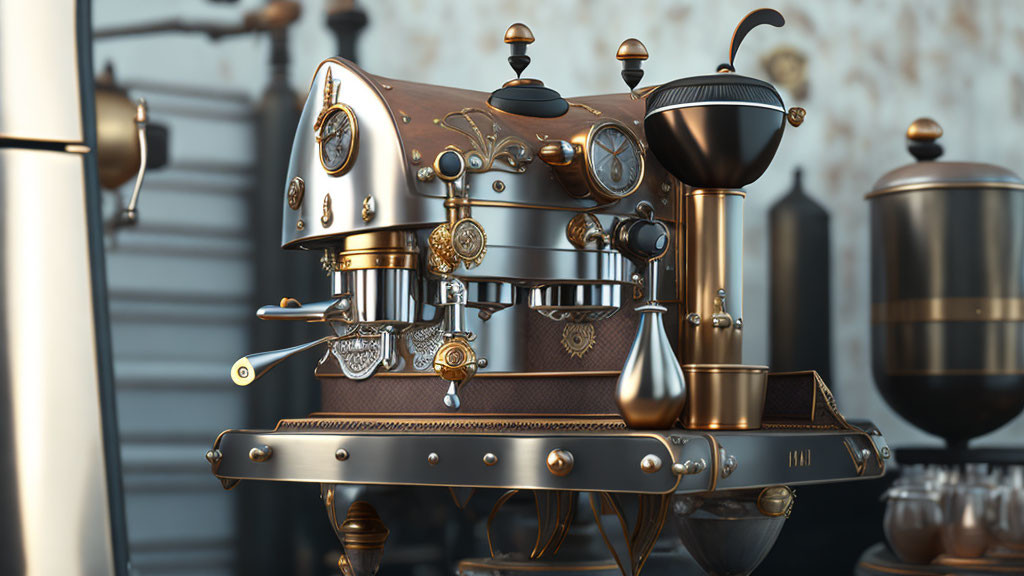 Vintage Espresso Machine with Brass and Silver Accents on Wooden Table