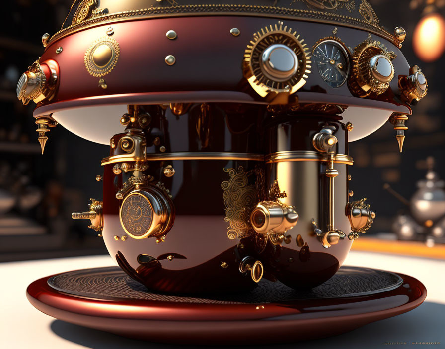 Detailed Steampunk-Style Device with Brass Gears and Dials