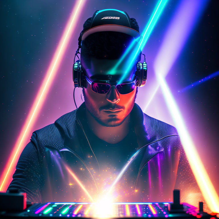 DJ mixing tracks in leather jacket and sunglasses with neon lights.