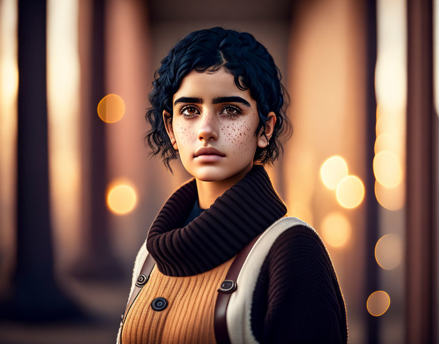 Young woman with black curly hair and freckles in digital portrait.