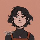 Digital artwork: Young person with dark curly hair, freckles, turtleneck, harness on