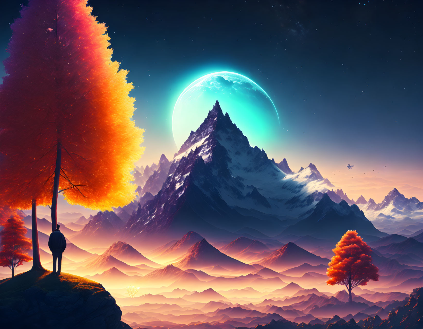 Person on Cliff Overlooking Surreal Landscape with Vibrant Trees and Glowing Moon