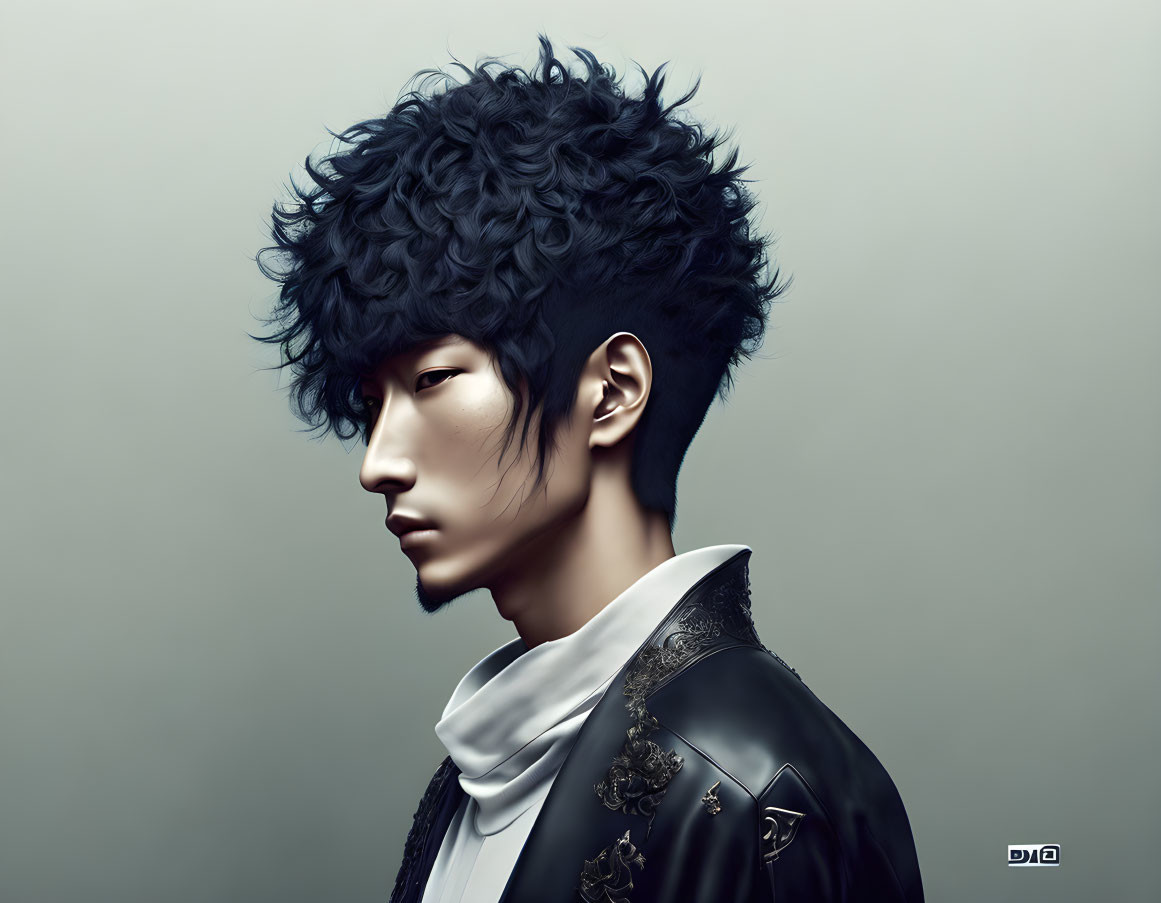 Digital portrait of a man with dark, textured hair and sharp features in a decorated jacket.