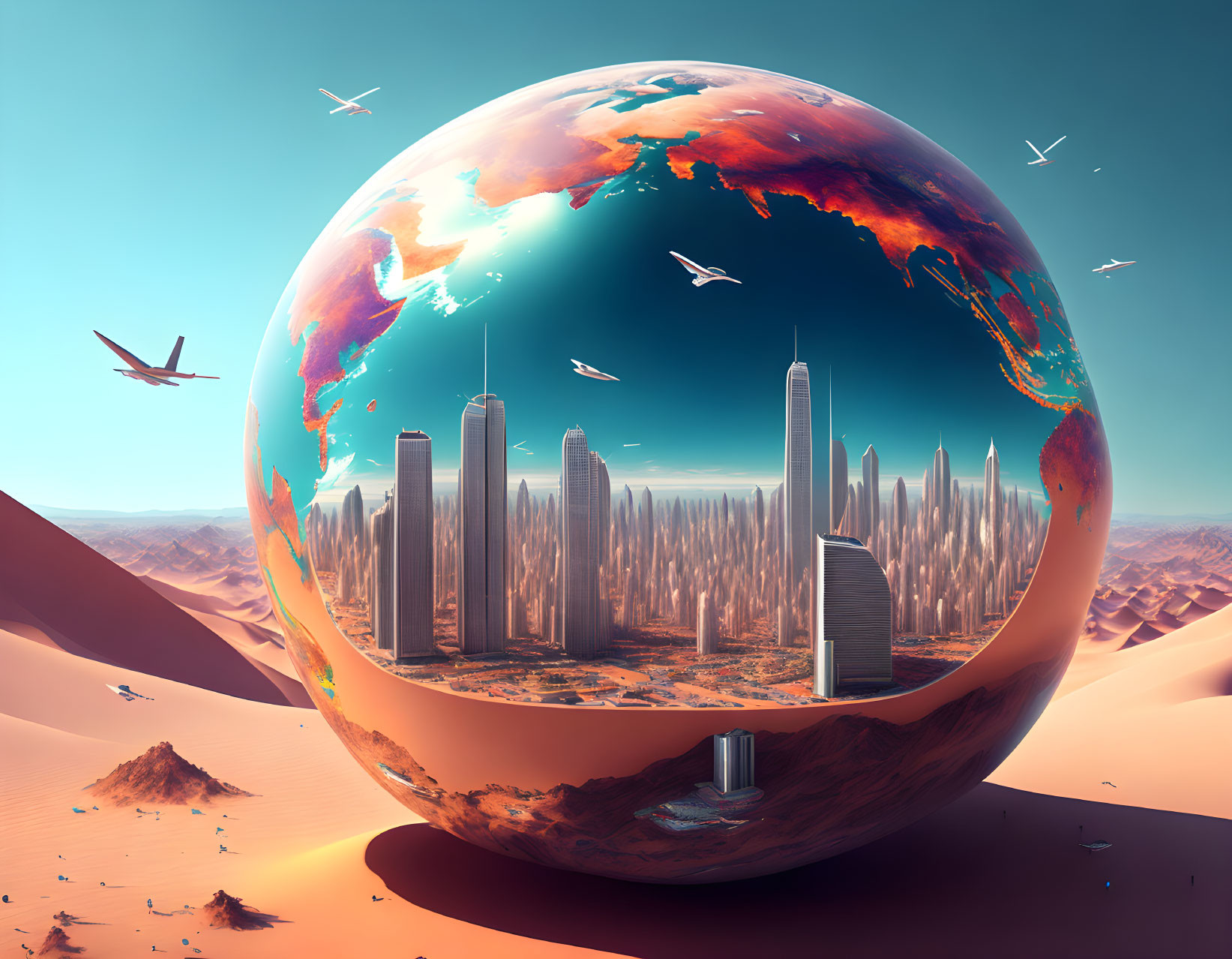 Transparent sphere housing futuristic desert city with skyscrapers, green spaces, and birds