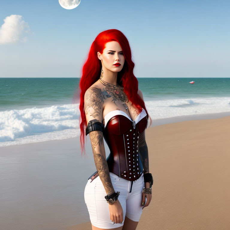 Red-haired woman with tattoos on beach under full moon