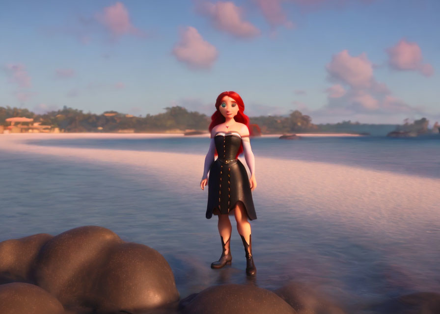 Red-haired woman in black dress on shore with calm water and rocks.