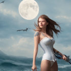 Digital art: Woman with red hair and tattoos in white corset by the sea with dragonfly