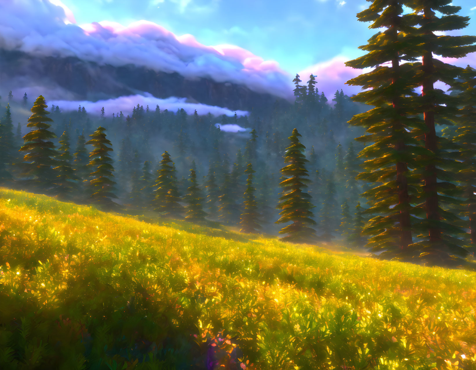 Sunlit meadow with evergreen trees and misty mountains.