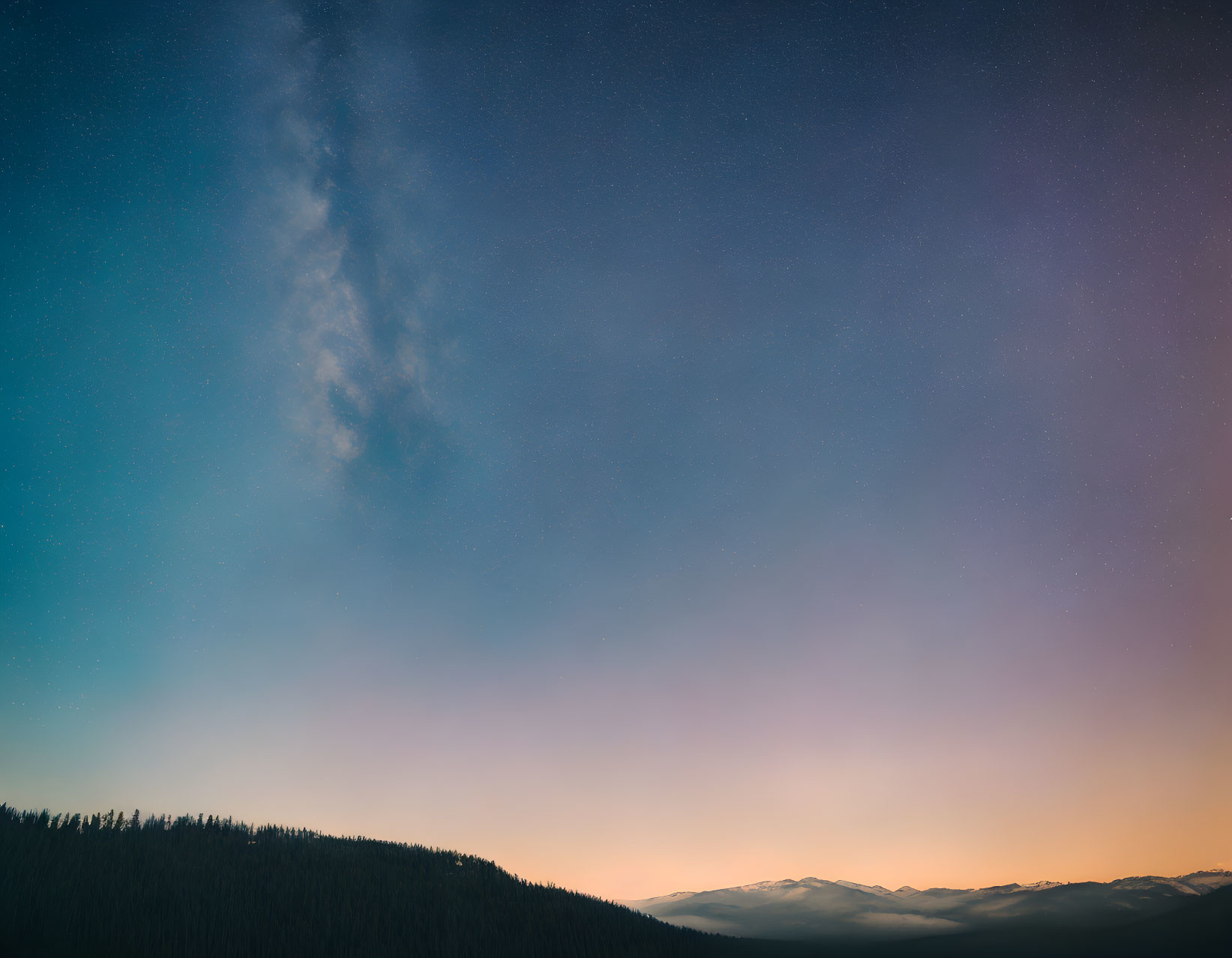 Forest mountain landscape: Twilight sky to starry night transition