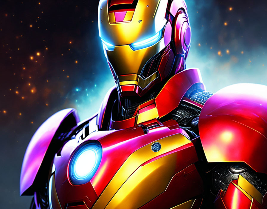 Detailed Close-Up of Iron Man in Red and Gold Suit with Glowing Features