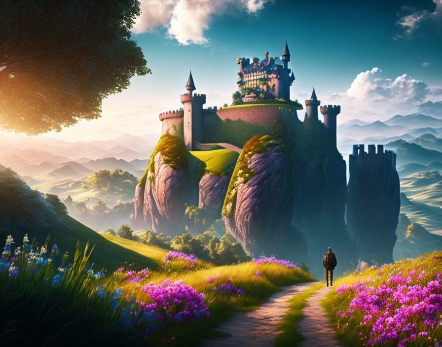 Person walking towards majestic castle on towering cliffs in lush landscape