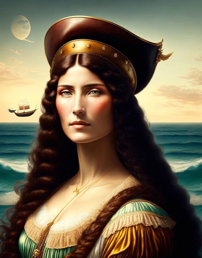 Stylized portrait of a woman in tricorn hat and period dress with ship and moon.