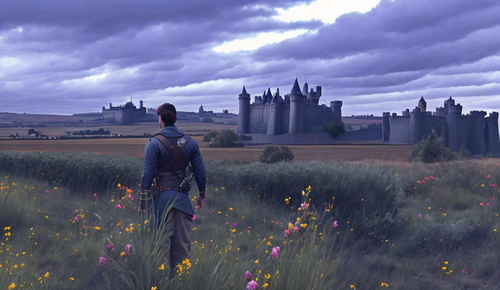 Backpacker in blooming meadow gazes at distant castle under cloudy sky