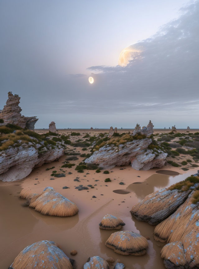 Desert landscape at twilight with rock formations, water pools, and full moon