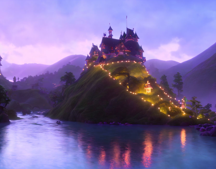 Whimsical castle on lush hill with golden lights, serene river, purple twilight sky