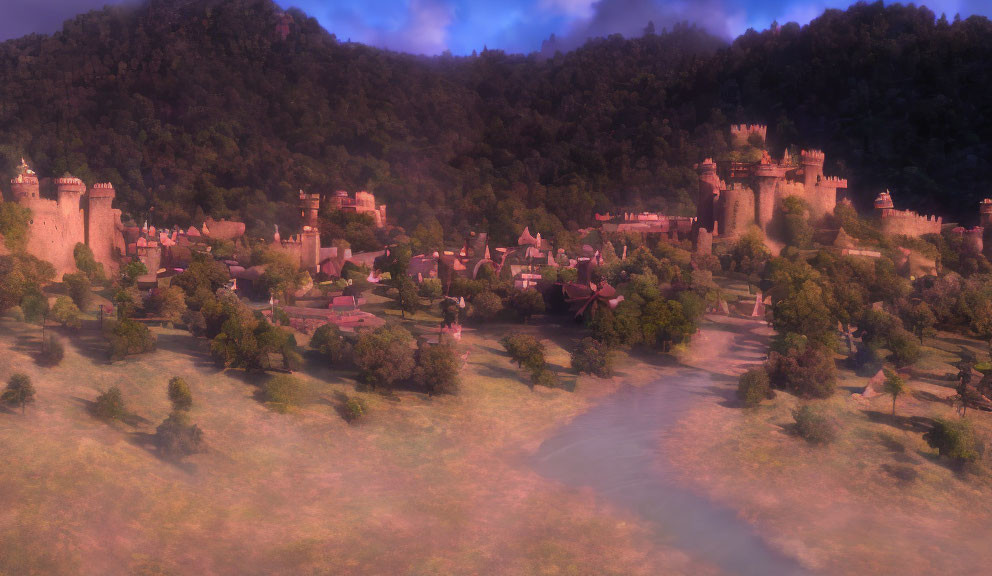 Medieval village with river, forests, and stone castles at dawn