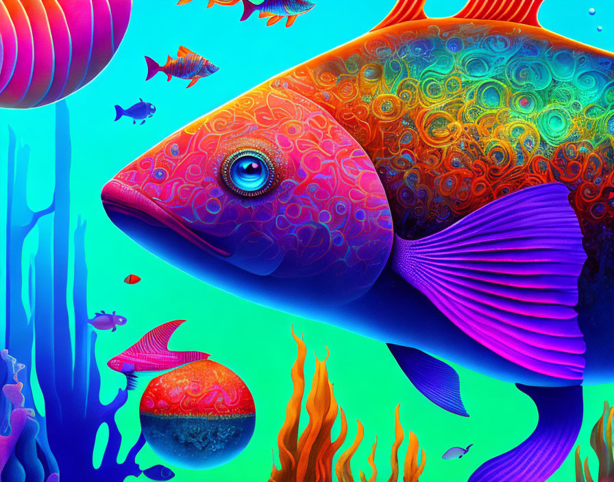 Colorful digital art: Stylized fish in neon underwater scene