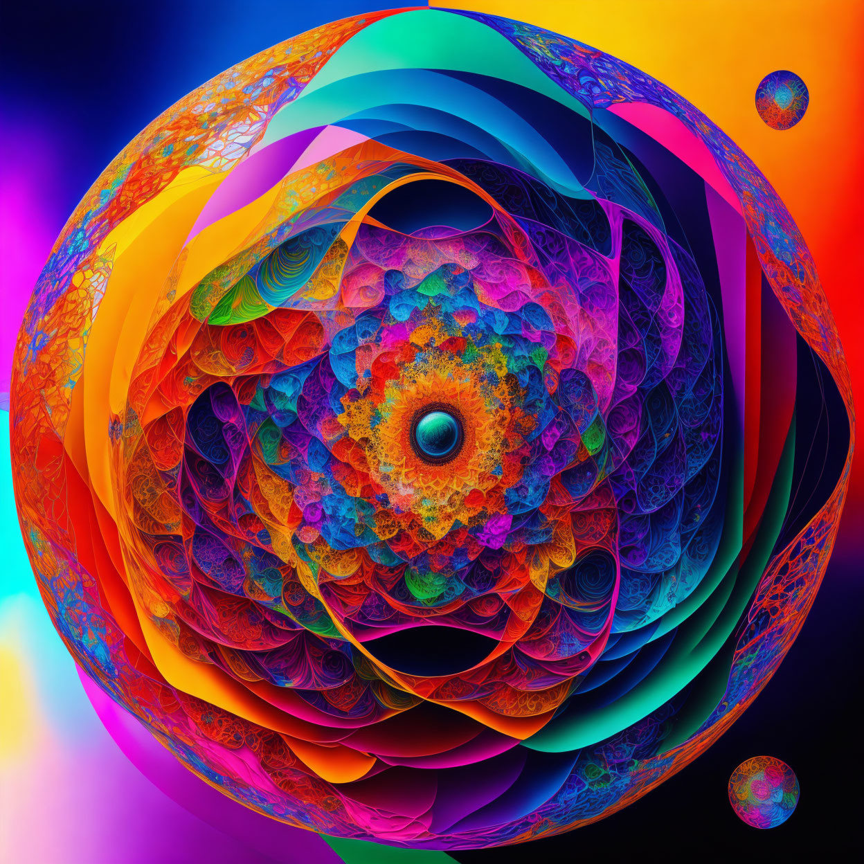 Colorful Fractal Image: Intricate Spherical Patterns on Neon Background