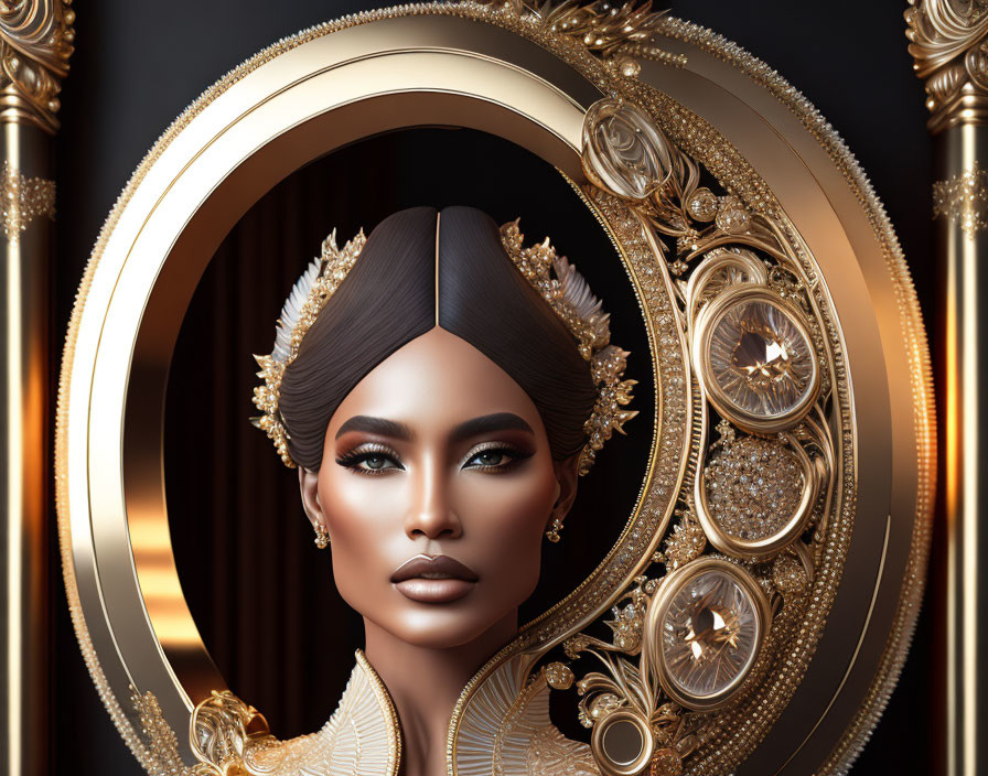 Golden embellished portrait of a woman in ornate frame