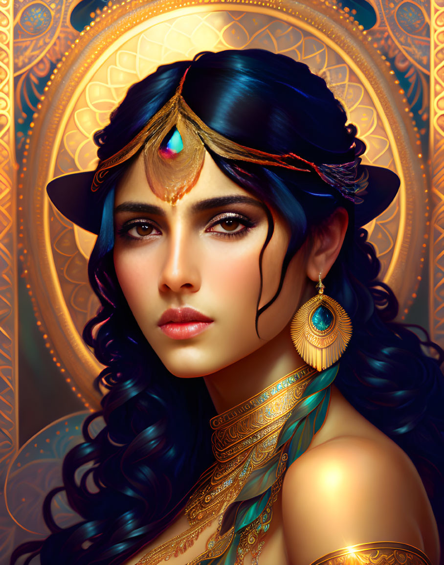 Portrait of Woman with Deep Blue Eyes and Dark Hair Adorned in Golden Jewelry