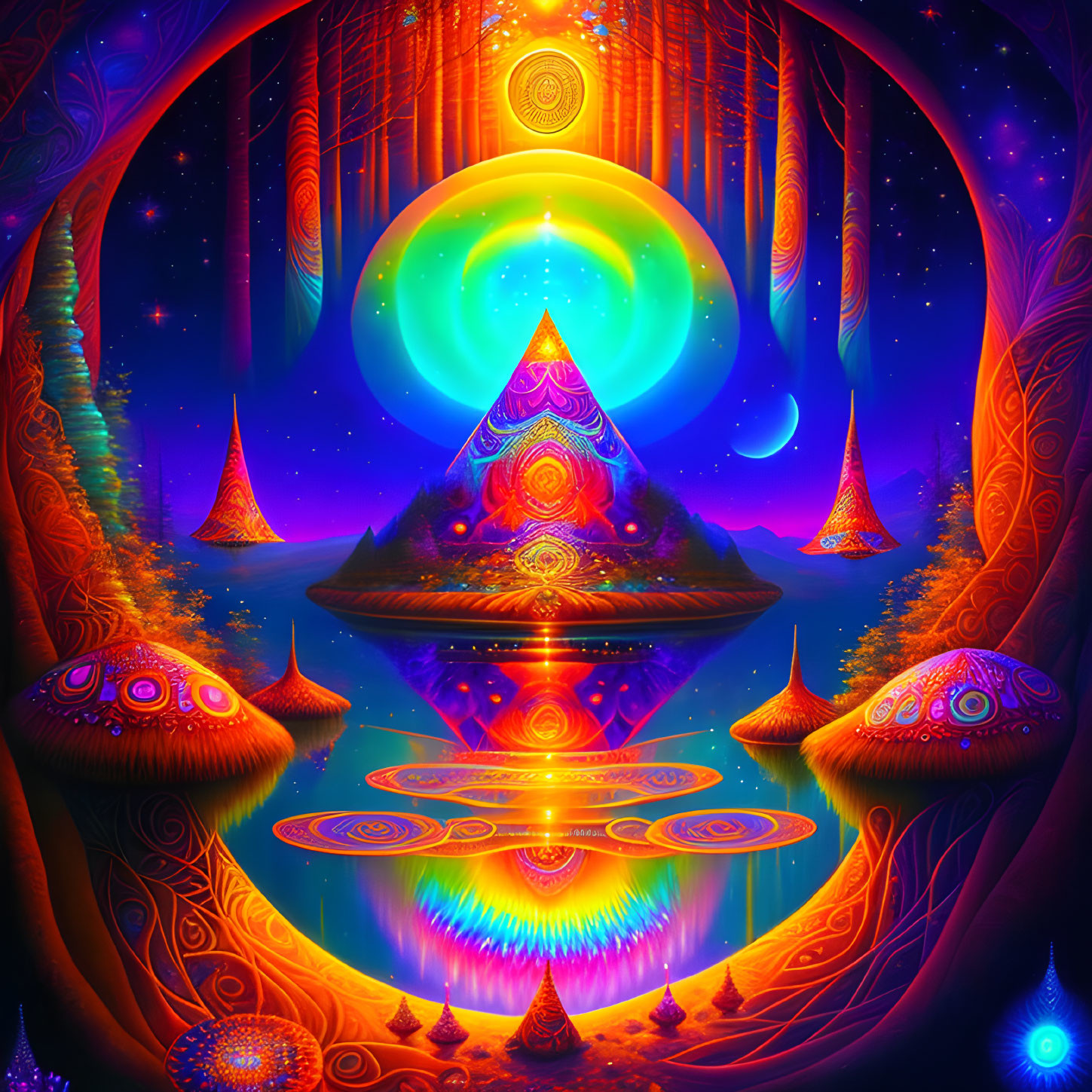 Colorful psychedelic pyramid reflection in moonlit water with whimsical trees.