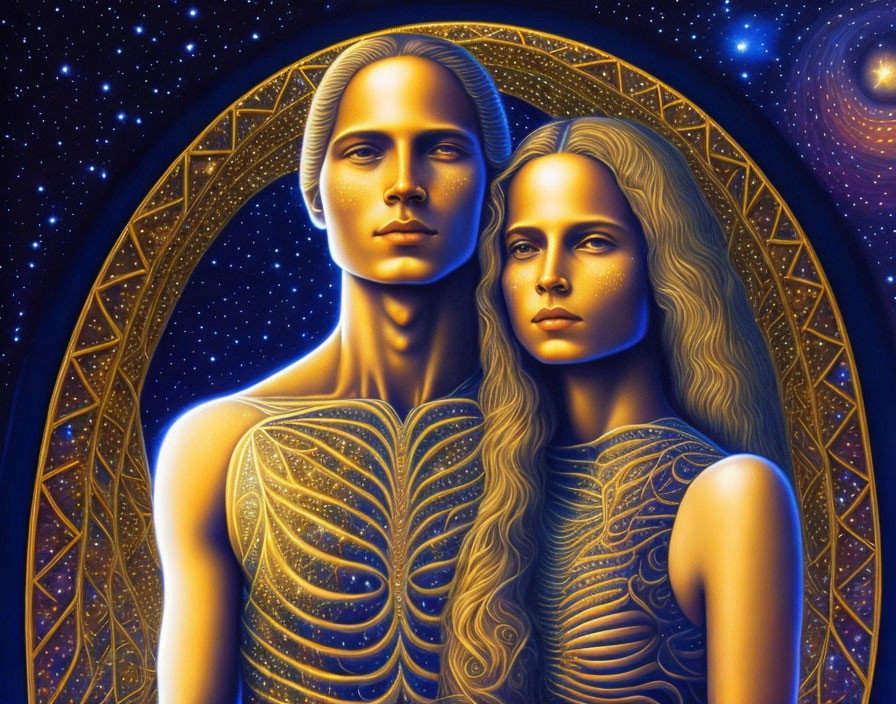 Golden stylized figures connected by starry arch on cosmic background.