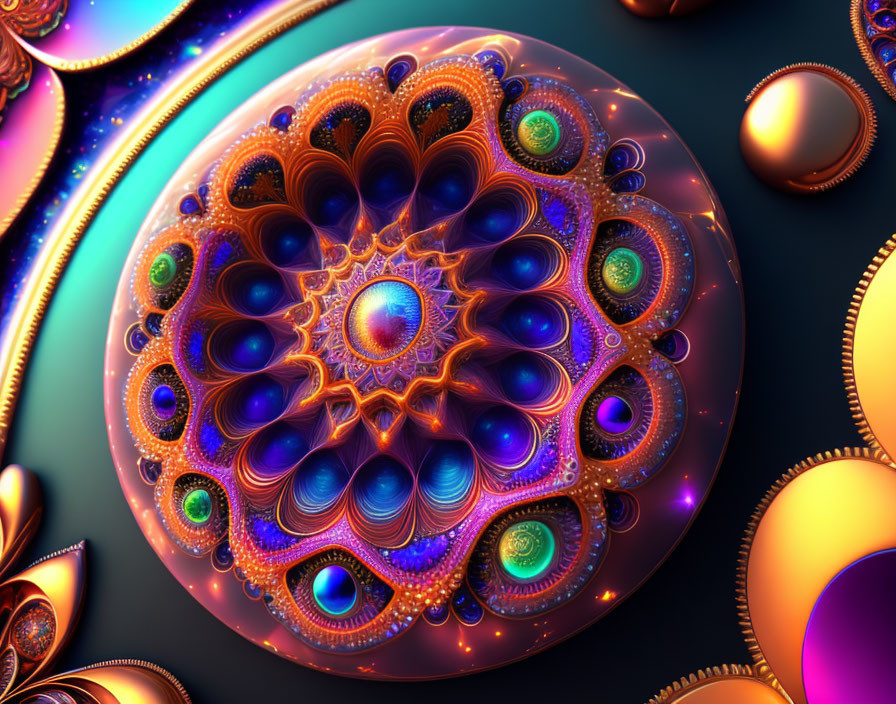 Colorful Fractal Design with Glowing Orbs in Blue, Orange, and Purple