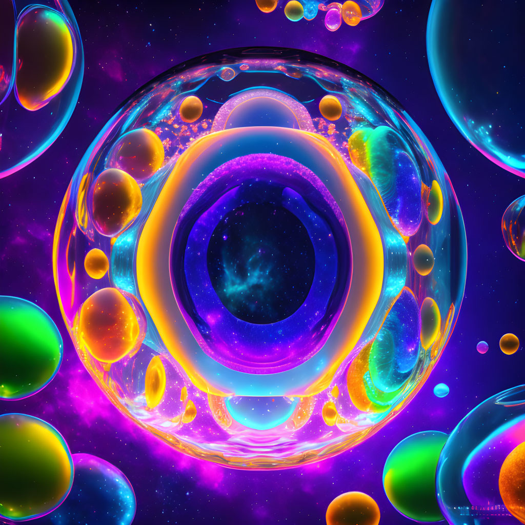 Colorful digital artwork: central neon bubble with swirling layers on starry space background