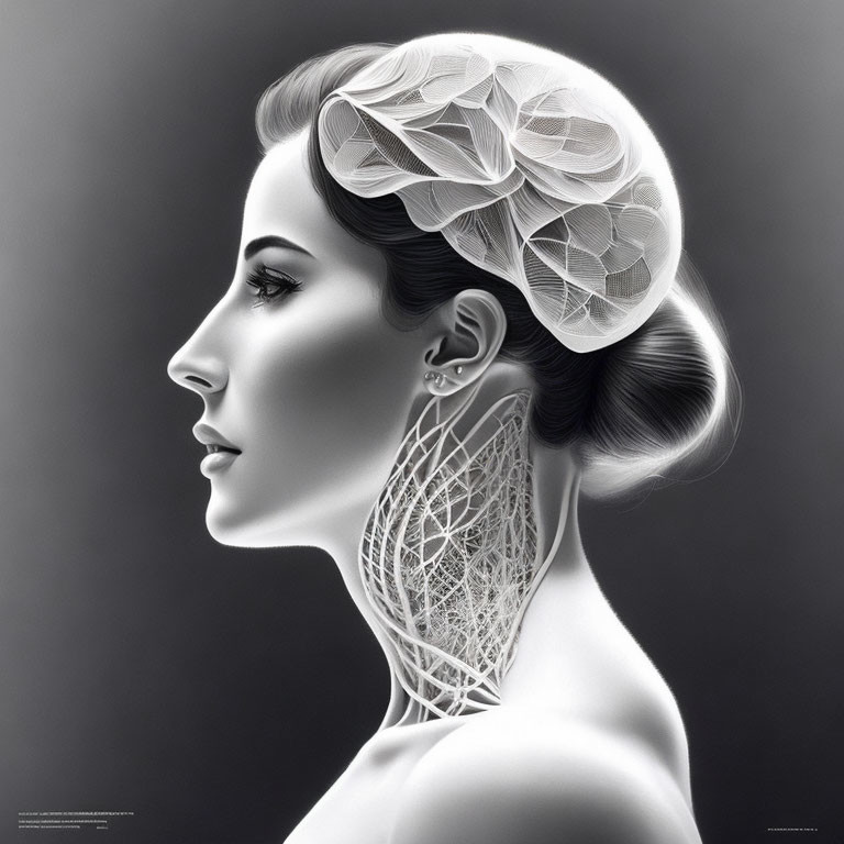 Detailed grayscale profile of a woman with intricate hair accessory and neck pattern