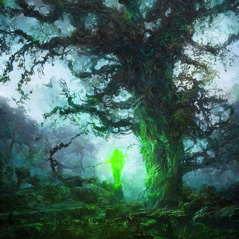 Green Glowing Figure by Ancient Twisted Tree in Enchanted Forest