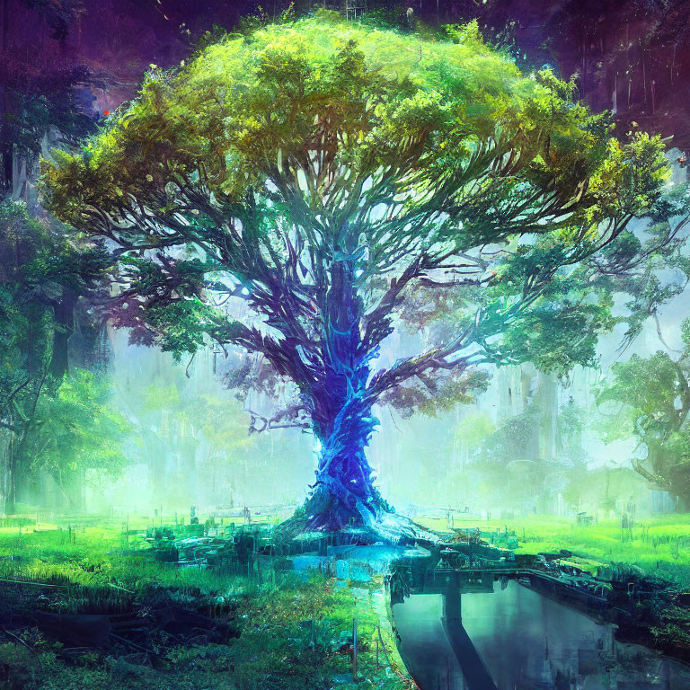 Ethereal illustration of colossal tree in lush, fantastical forest