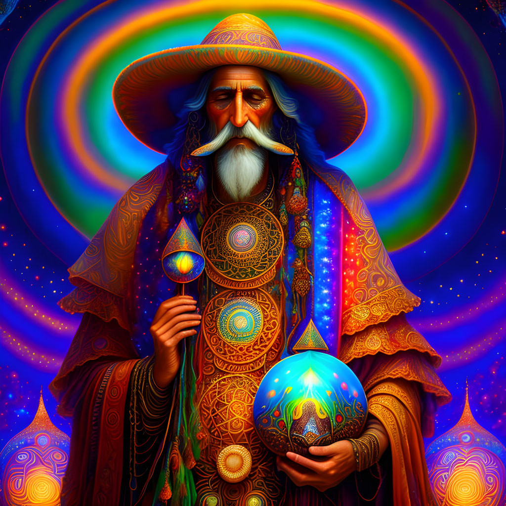 Colorful Wizard Illustration with Long Beard, Hat, Robes, Staff, and Orb in Rainbow