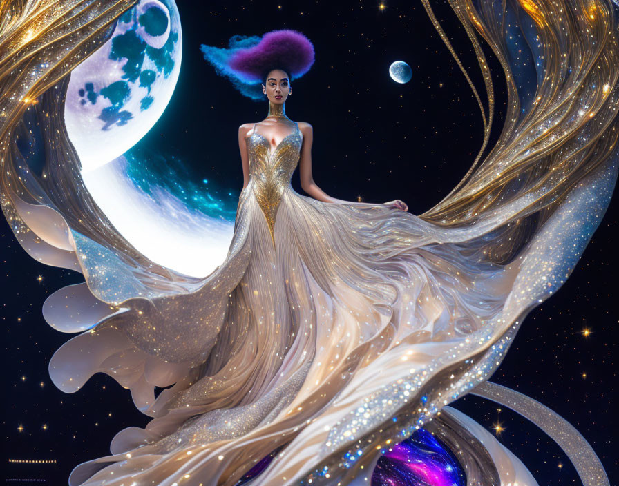 Woman in Golden Gown with Cosmic Elements on Celestial Background