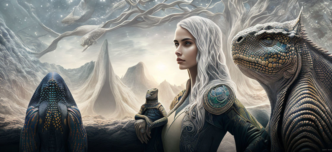 Fantasy scene with pale woman, white hair, dragons, floating rocks, mountains